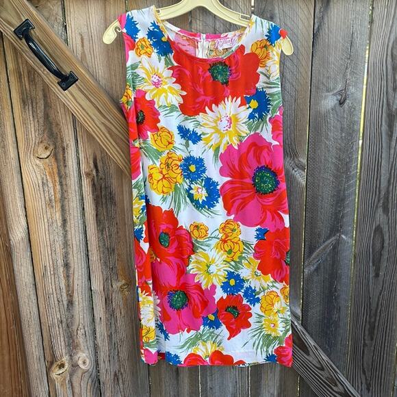 Vintage 60s Ellen G Shift Dress Small Floral Sleeveless Pnk Yellow Blue - Picture 1 of 4